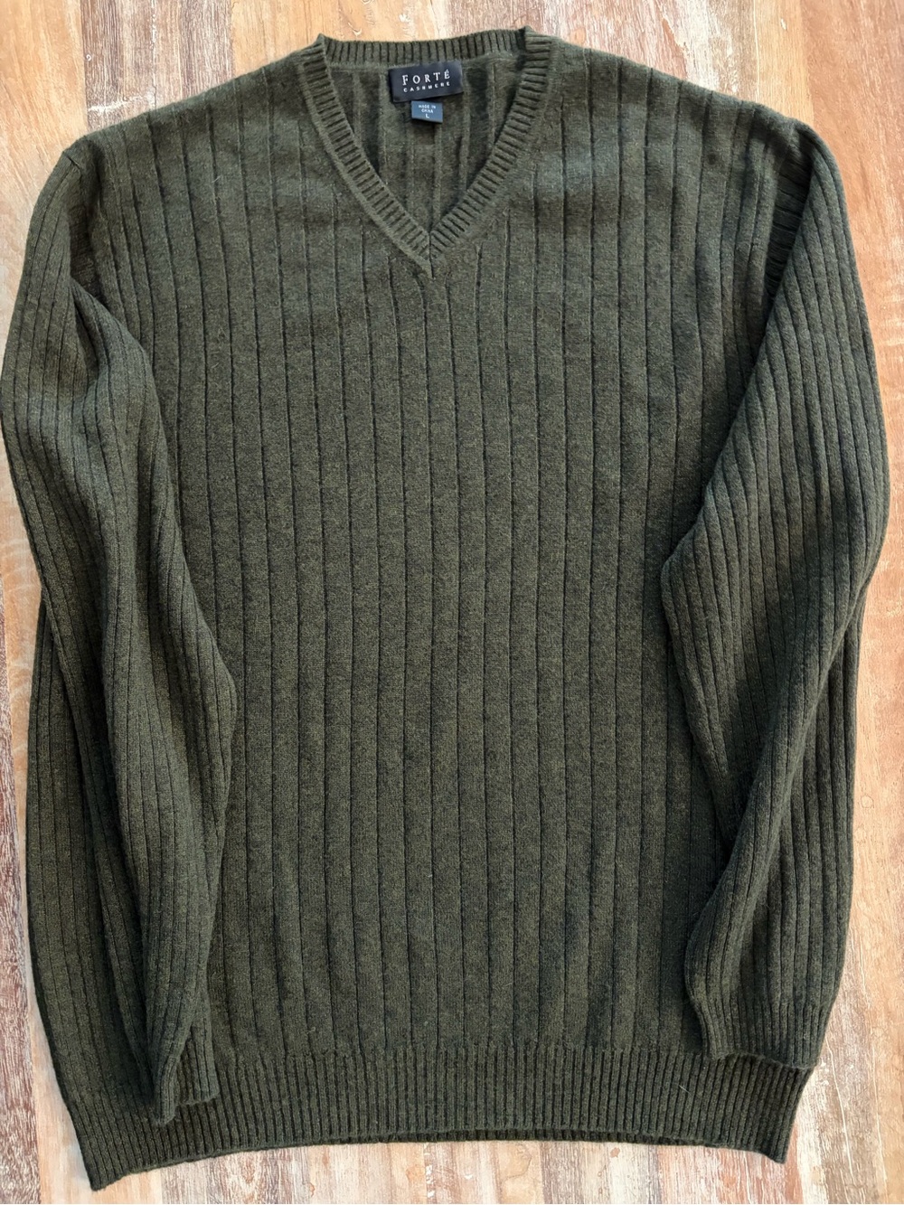 Forte Cashmere Sweater Large Olive Green Ribbed V Neck Preppy Gorpcore Layer